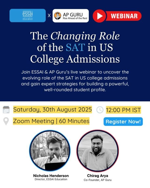 Dreaming of Harvard, Stanford, Oxford, or Cambridge?

Join AP Guru & Essai for a free webinar where top experts share proven strategies to craft a standout SAT profile and boost your chances at the world’s most prestigious universities.

🔗 Register Now for Free: https://essai.in/sat-profile-building/

#IvyLeagueAdmissions #SATStrategy #EssaiEducation #APGuru #CollegeAdmissionsDreaming of Harvard, Stanford, Oxford, or Cambridge?

Join AP Guru & Essai for a free webinar where top experts share proven strategies to craft a standout SAT profile and boost your chances at the world’s most prestigious universities.

🔗 Register Now for Free: https://essai.in/sat-profile-building/


#IvyLeagueAdmissions #SATStrategy #EssaiEducation #APGuru #CollegeAdmissions