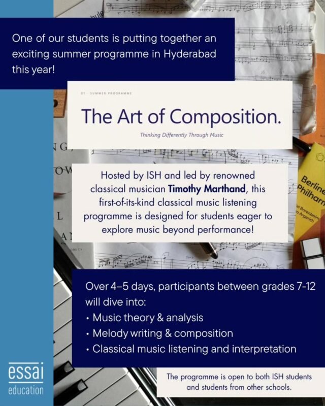 Pleased to share with you that one of Essai's students  is putting together a Classical Music Appreciation workshop in Hyderabad!

Swipe for more details, and if you're a high school student (or happen to know one!) let them know about this incredible project. 

Sign up 🎶