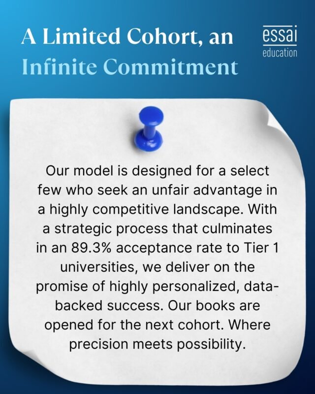 Personalized guidance requires focus.

By working with a limited cohort, Essai ensures depth of attention, continuity of mentorship, and strategic consistency throughout the admissions journey.

#EssaiCohort #PersonalizedAdmissions #EliteEducation #CollegeStrategy #LongTermPlanning