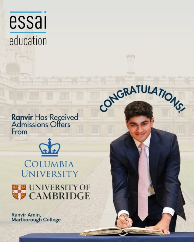 “My experience with Essai was great; the whole team was incredibly supportive throughout the process, and I would highly recommend Essai to other prospective applicants.” - Ranvir 🎓

Huge congratulations to Ranvir for being accepted into the prestigious Columbia University and University of Cambridge! 🎉 Your hard work and dedication have truly paid off! 🏆👏

#essai #columbiauniversity #cambridgeuniversity #congratulations