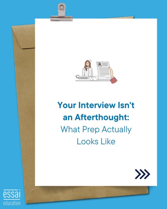 Interviews get treated as a footnote by most applicants, squeezed in between essay revisions and portal checks with barely a thought given to actual preparation. Admissions officers don't see it that way.

For schools that offer optional or required interviews, it's often the only moment in the entire process where a student speaks for themselves, in real time, without an essay draft or an editor between them and the reader.

We actively manage every optional and required interview offered by each university on a student's list, so nothing gets missed or scheduled late.

That's paired with one personalized prep session and one personalized prep document per student, built around that specific student's actual profile, story, and likely questions, not generic interview tips that could apply to anyone.

Treating an interview as an afterthought is one of the easiest ways to undercut months of strong application work in a single 20-minute conversation. Treating it with real preparation is one of the easiest ways to stand out.

Have an interview coming up and not sure how to prepare? Reach out and we'll walk you through it.

#InterviewPrep #CollegeApplications #AdmissionsInterview #ApplicationStrategy #EssaiEducation #AdmissionsProcess #CollegeAdmissions