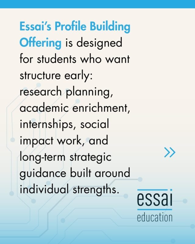Admissions excellence isn’t an accident; it’s a pattern. 🏗️

Most successful applications to highly selective universities show a "visible pattern" developed over years, not weeks.

While "last-minute intensity" might feel productive, it often pales in comparison to sustained, meaningful work.

Our Profile Building Suite is designed to help you find that structure early.

From research planning to social impact, we help you build a narrative around your individual strengths so that by the time application season rolls around, your story is already written.

The new cycle is now open. Sign up today to start building with intention.

#CollegeAdmissions #ProfileBuilding #HighSchoolSuccess #FutureReady #EssaiEducation