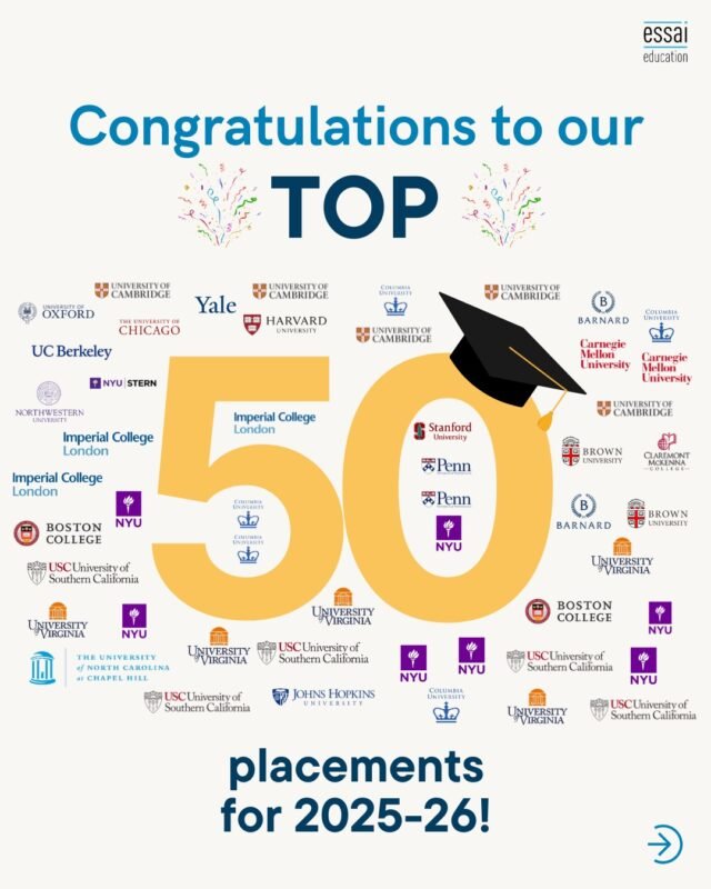 We're so thrilled to share with you the magnificent performance of our students this academic year!

These results are student-specific, with their best placements (so far- We still await results from UC-Berkeley, University of Southern California RD, NYU RD, Duke, Stanford, not to mention Ivy Day is just two days away). 

Some counselling firms report overall admissions, not individual destinations. Not Essai. Here, every student counts.