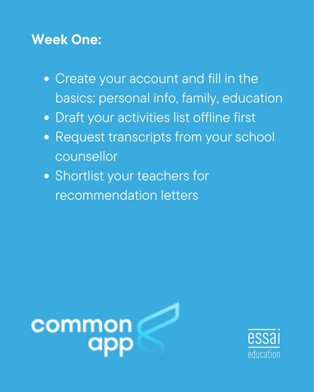 The Common App opened today for the 2026-27 cycle, and most students make one of two mistakes: freezing completely or rushing straight into the essay. Both cost you.

Week one is for the boring admin, account setup, personal and education sections, transcript requests, and shortlisting the teachers you'll ask for recommendations.

Get that out of the way now, and September stays free for the writing that actually decides outcomes. Save this checklist.

And if you want a plan for the entire cycle, not just week one, book a consultation through the link in bio.

#CommonApp #CollegeAdmissions #ClassOf2027 #EssaiEducation #ApplicationSupport #StudyAbroad