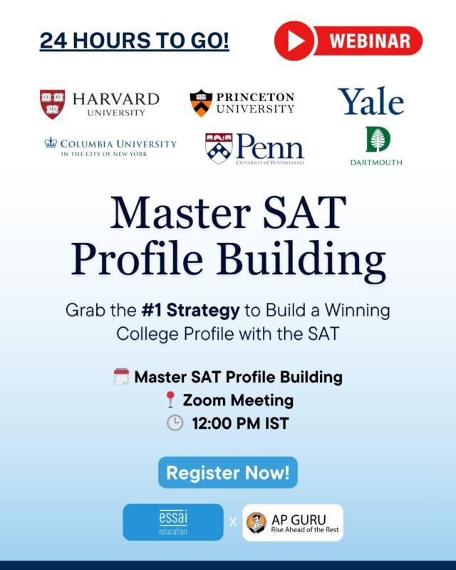 Master SAT Profile Building!

Want to boost your chances at Harvard, Yale, Princeton, and other top universities? 

Learn the #1 strategy to build a winning college profile with the SAT.

📅 30th August 2025
🕛 12:00 PM IST 
💻 Zoom

Speakers: Nicholas Henderson (Essai Education) & Chirag Arya (AP Guru)

🔗 Register Now to secure your spot: https://essai.in/sat-profile-building/

#CollegeAdmissions #IvyLeague #SATStrategy #EssaiEducation #APGuruMaster SAT Profile Building!

Want to boost your chances at Harvard, Yale, Princeton, and other top universities? 

Learn the #1 strategy to build a winning college profile with the SAT.

📅 30th August 2025
🕛 12:00 PM IST 
💻 Zoom

Speakers: Nicholas Henderson (Essai Education) & Chirag Arya (AP Guru)

🔗 Register Now to secure your spot: https://essai.in/sat-profile-building/

#CollegeAdmissions #IvyLeague #SATStrategy #EssaiEducation #APGuru