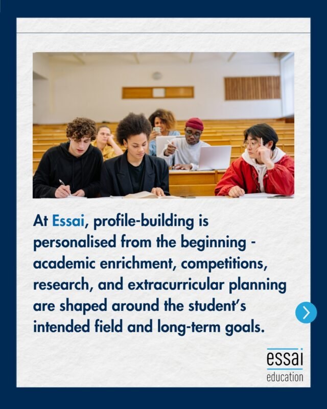 No two students are the same. Why should their profiles be? 🧬

At Essai, profile-building is personalized from day one. 

A student applying for Engineering requires a completely different narrative and set of milestones than someone applying for Political Science or Architecture.

The strongest applications are built around these discipline-specific expectations. 

Our team of experts works to bring those nuances to life, shaping your enrichment and research around your specific long-term goals.

Admissions are now open. Use the link in our bio to book a consultation.

#PersonalisedLearning #CollegeApplications #Engineering #Architecture #StudentSuccess