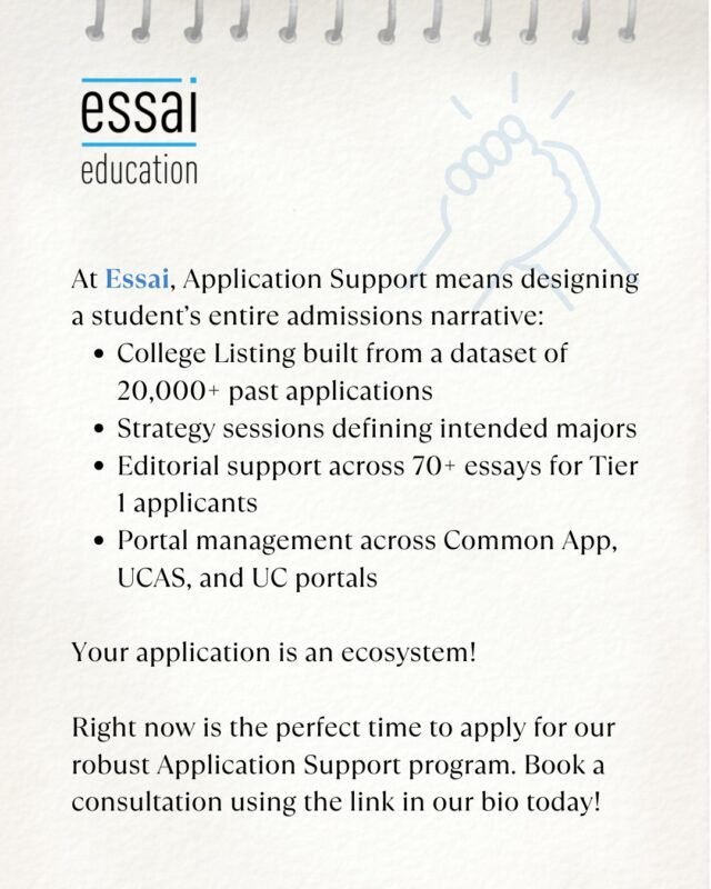 Most students think applications are just forms to fill.

In reality, every part of your application needs to work together.

Your college list, essays, activities, and even how you present your interests should form one clear narrative. 

When this alignment is missing, even strong profiles can fall short.

If you want to understand how a complete application system is built, explore Essai through the link in bio.

#CollegeAdmissions #StudyAbroad #Essai #ApplicationStrategy #IvyLeague