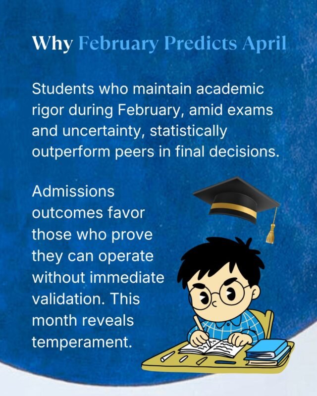 Students who sustain academic rigor during February, amid exams and uncertainty, statistically outperform peers in final decisions.

This month reveals temperament.

Admissions outcomes often favor those who can perform without immediate validation.

#AdmissionsInsights #StudentResilience #AcademicRigor #CollegeDecisions #EssaiPerspective