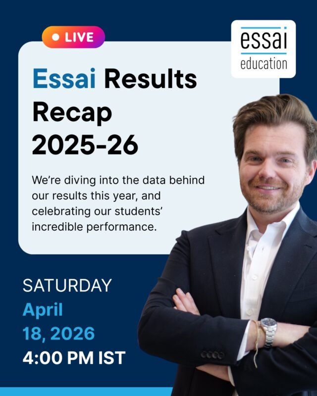 What does it actually take to get into a top-tier university today? While headline stats tell one story, the underlying data tells another.

Join Nick Henderson on Saturday for an exclusive Essai Results Recap. We’re moving past surface-level numbers to reveal the shifting trends you need to navigate for a successful 2027 application cycle.

If you’re planning your roadmap to the Ivy League or beyond, this is your starting line.
🗓️ Saturday, April 18, 2026
🕓 4:00 PM IST
📍 Live on Instagram

#EssaiEducation #NicholasHenderson #AdmissionsStrategy #CollegeConsulting #DataDrivenAdmissions #ExpertInsights #EssaiResults