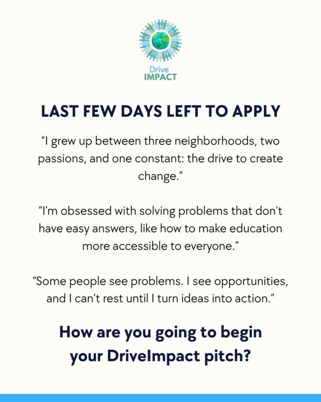 Only a few days left to apply for DriveImpact. 

Bring your passions and solutions to life. 

Don’t miss your chance to pitch and stand out.

Register now: https://events.essaieducation.in/drive-impact

#DriveImpact #EssaiEducation #StudentLeadership #CollegeAdmissions #Innovation