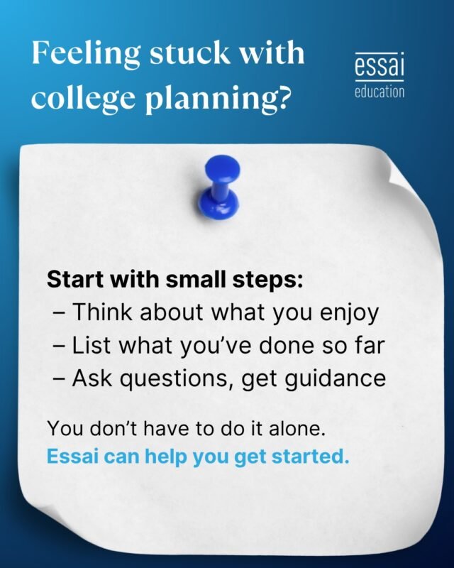 Not sure where to begin your college journey? 

You’re not alone—and you don’t have to figure it out all at once.

Start with small, thoughtful steps:
✔ Reflect on what excites you
✔ Take inventory of what you’ve already done
✔ Ask questions and seek support

At Essai, we meet you where you are—no pressure, just guidance. 

Whether you're early or late in the process, we’ll help you move forward with clarity and confidence.

#CollegePlanningHelp #EssaiWay #StudentSupport #CollegeJourney #StartWithEssai