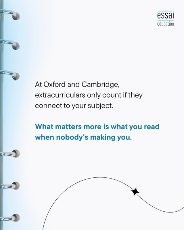 This surprises a lot of families. At Oxford and Cambridge, you apply to study one subject, and almost everything in your application is judged on how well you'd do in that subject.

There's no separate activities list. Anything you've done outside the classroom goes into your personal statement, and it has to earn its place.

Captain of the football team? Worth a mention if it shows something relevant to your course. On its own, it won't move the needle.

What really matters is your "super-curricular" activity: the books you've read beyond the syllabus, the lectures you've watched, the problems you've worked on just because you wanted to.

Then there are admissions tests for many subjects, and an interview that feels more like a mini-tutorial than a Q&A.

Applying for 2027? The Oxford and Cambridge UCAS deadline is 15 October.

Need help building an academic profile that holds up at interview? Talk to us.

#Oxford #Cambridge #Oxbridge #StudyInUK #UCAS #EssaiEducation #SuperCurricular