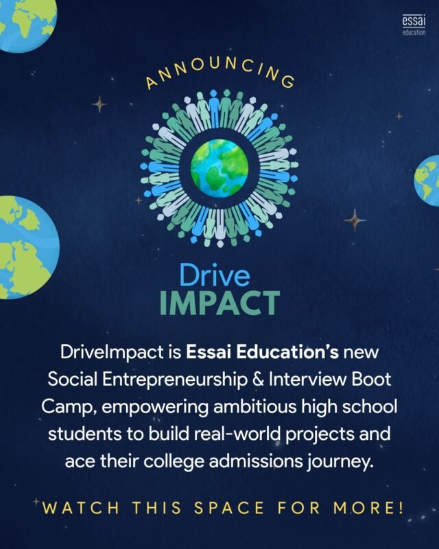 Big news: DriveImpact is Essai Education’s new Social Entrepreneurship & Interview Boot Camp. 

Build real-world projects, gain mentorship, and strengthen your college admissions journey. 

Watch this space for more details!

#DriveImpact #SocialEntrepreneurship #CollegeAdmissions #EssaiEducation #Leadership