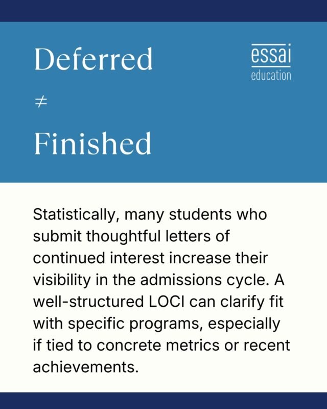 Deferral is not a rejection.

Many students who submit thoughtful LOCIs increase their visibility in the admissions cycle.

When tied to recent achievements, a LOCI clarifies academic fit and momentum.

#DeferredNotDenied #LOCI #AdmissionsCycle #StudentJourney #EssaiEducation