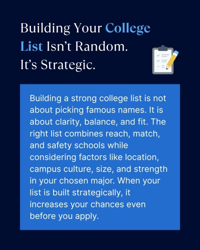 A college list should not be built around names or rankings alone.
It should be built around fit.

Your intended major, learning style, preferred environment, and long-term goals all play a role in deciding where you should apply.

When your list is thoughtfully structured, it improves your chances even before your application is reviewed.

#CollegeList #AdmissionsStrategy #StudyAbroad #Essai #UniversityPlanning