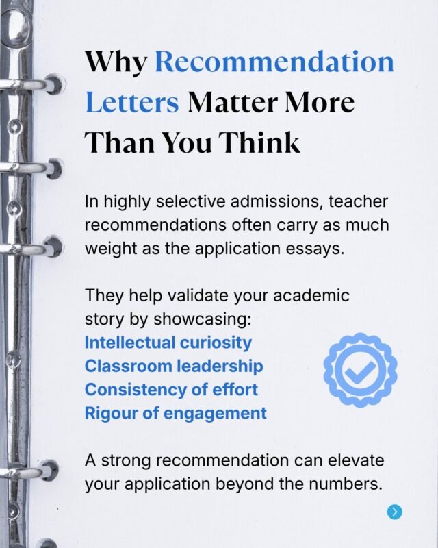 In selective admissions, teacher recommendations can carry as much weight as your essays.

They provide crucial validation of your academic story, demonstrating your intellectual curiosity, leadership, consistency of effort, and rigor of engagement.

At Essai, our bragsheet system ensures that your recommenders have clear, structured input to advocate for you effectively.

#EssaiEducation #RecommendationLetters #CollegeAdmissions