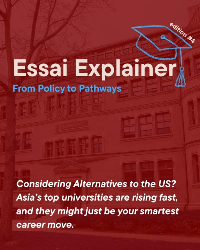 Considering alternatives to the US? 
We’ve got you covered!
It’s not just that Asian universities are strong, but the regions around them are dynamic. For example, Singapore’s digital economy has nearly doubled in 5 years and now constitutes over 17% of GDP, up from 13% previously.
Private equity, investment, and tech hubs in Asia are seeing major growth. For students aiming for sectors like AI, biotechnology, or startup ecosystems, higher education in Asia may just be the most shrewd career decision you take.
Studying in Asia (or Europe), especially from strong English-medium programmes, doesn’t mean giving up opportunity:  it means being part of next-wave global growth.
#StudyInAsia #GlobalCareers #FutureReadyEducation #EssaiInsights #StudyAbroad