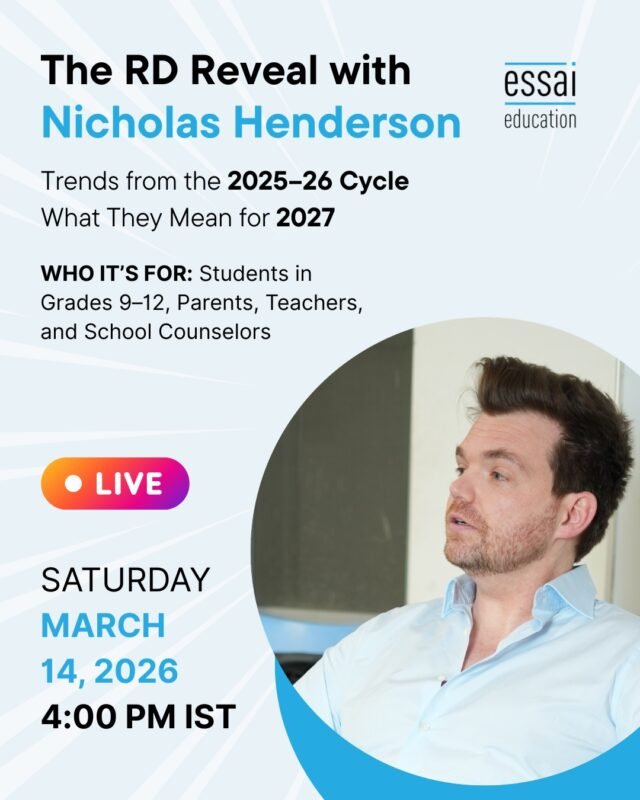 Regular Decision does more than finalise admissions.

It reshapes how the next cycle will be evaluated.

In this IG Live, Nicholas Henderson explains what the 2025–26 RD results reveal about how colleges are reassessing fit, intent, and readiness.

This is a session for students who still have time to prepare well.

What we will explore:
• How admissions priorities are shifting
• What profile coherence looks like now
• Why some strong candidates were overlooked
• What 2027 applicants should focus on early

For students in Grades 9–12, parents, and educators focused on long-term outcomes.

📍 IG Live
🗓 Saturday, March 14, 2026
⏰ 4:00 PM IST
⏱ 30 minutes

Preparation improves when expectations are clear.

#USCollegeAdmissions #RegularDecision #AdmissionsStrategy #EssaiEducation #ClassOf2027