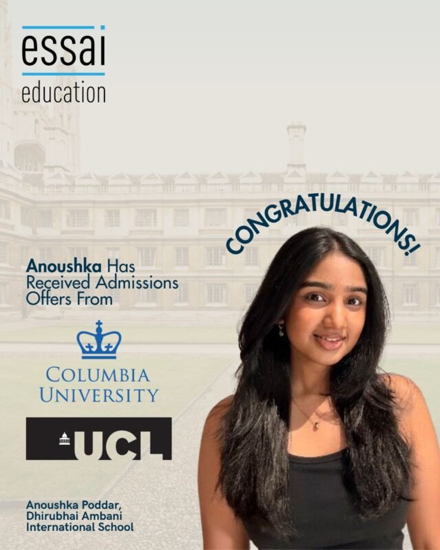 Phenomenal performance by the incredible Anoushka, who's knocked it out of the park with her incredible achievement. 
Needless to say, a rockstar like her was a breeze to work with, and her incredible ideas have the most capable hands looking after them. 

We're so proud of you Anoushka, Columbia (or UCL!) don't know what's coming for them! We're SO SO proud of you!

#essaieducation #studyabroad #ivyleague
