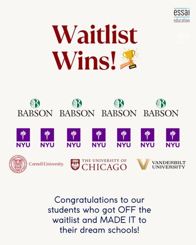 *Waitlist Wins!* 🏆

Congratulations to Essai students who got OFF the Waitlist and MADE IT to their Dream Schools! 👏
.
.
.
[Accepted, Waitlist, Study Abroad, Student Life, Ivy League, Babson, New York University, Cornell University, UChicago]