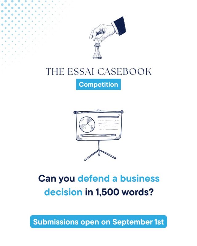 1,500 words. One business decision. No right answer.

That is the brief. You read the case, weigh the realistic options against each other, and write a recommendation you can actually defend. 

No fluff, no summary of the case back to us, just a clear call and the reasoning behind it.

It is the kind of thinking business schools look for. Most students never practise it before university.

Now you can. Free, solo entry for grades 9 to 12. Deadline: September 30th, 2026, 11:59 p.m. IST

Submissions open on September 1st!

Submit here: https://essai.in/the-essai-casebook/

#EssaiCasebook #CaseCompetition #EssaiEducation #CriticalThinking #StudentCompetition