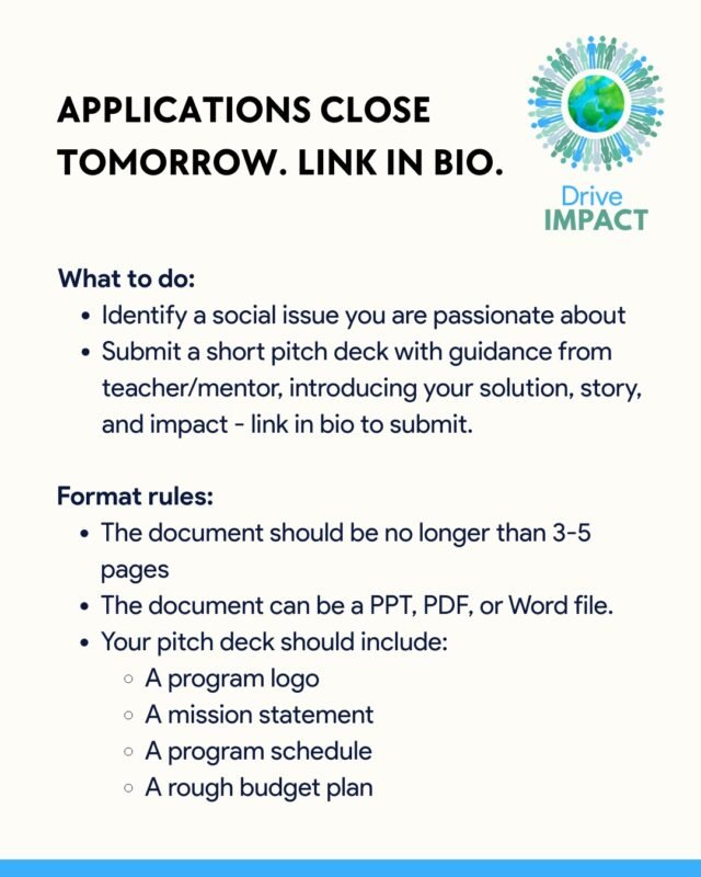 Applications close tomorrow! 
Identify a social issue you’re passionate about, submit your pitch deck, and show your story + impact.
Register now: https://events.essaieducation.in/drive-impact
#DriveImpact #EssaiEducation #StudentLeadership #CollegeAdmissions #Innovation
