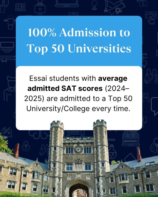 Essai students with average admitted SAT scores (2024–2025) gain admission to a Top 50 University or College 100% of the time. 

Focused preparation + strategic applications deliver real results.

#Top50Universities #SATScore #EssaiEducation #CollegeAdmissions #AdmissionsSuccess