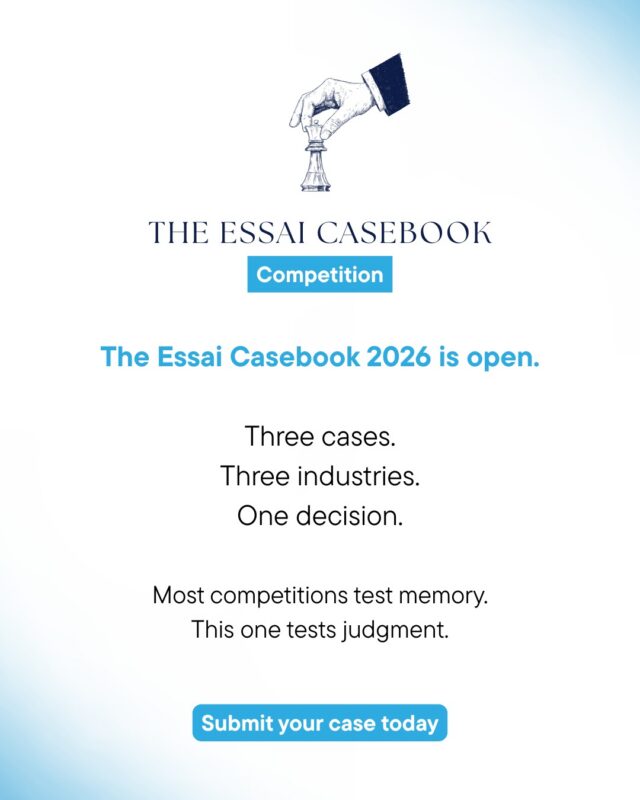 The Essai Casebook 2026 is open.

Three cases across Electric Vehicles, Digital Media, and Luxury Fashion. Each one ends in a single decision a real executive would face. Your job is to make the call and defend it in writing.

Most competitions test how much you know. This one tests how well you think.

Free to enter. Open to students in grades 9 to 12, worldwide. Prizes up to ₹2,500 in Amazon gift cards, plus certificates and PIPPAMS access for winners.

Submit here: https://essai.in/the-essai-casebook/

Submission deadline: September 30th, 2026, 11:59 p.m. IST

#EssaiCasebook #CaseCompetition #EssaiEducation #StudentCompetition #CollegeApplications #BusinessCase