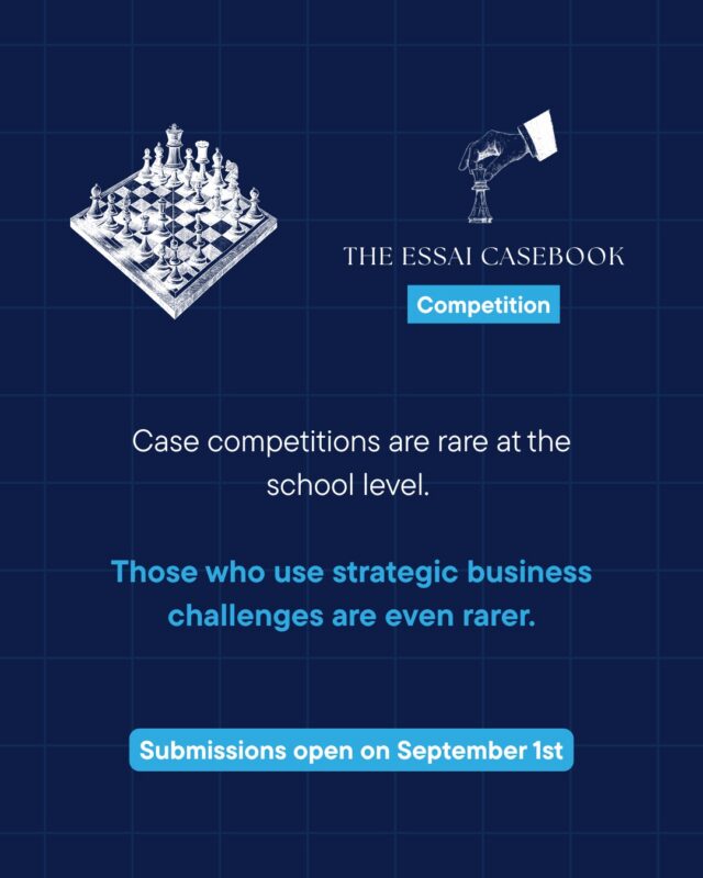 Case competitions exist at the university level. They are rare at school level. The ones built around real, unreleased business cases are rarer still.

The Essai Casebook is not a simulation. It is not a hypothetical. You receive an actual business situation and defend a real decision in writing, the way analysts do.

If you are in grades 9 to 12 and want something on your application that shows how you think, not just what you have done, this is worth your time.

Free entry. Worldwide.

Submissions open on September 1st!

Submit here: https://essai.in/the-essai-casebook/

Deadline: September 30th, 2026, 11:59 p.m. IST

#EssaiCasebook #CaseCompetition #CollegeApplications #ProfileBuilding #EssaiEducation