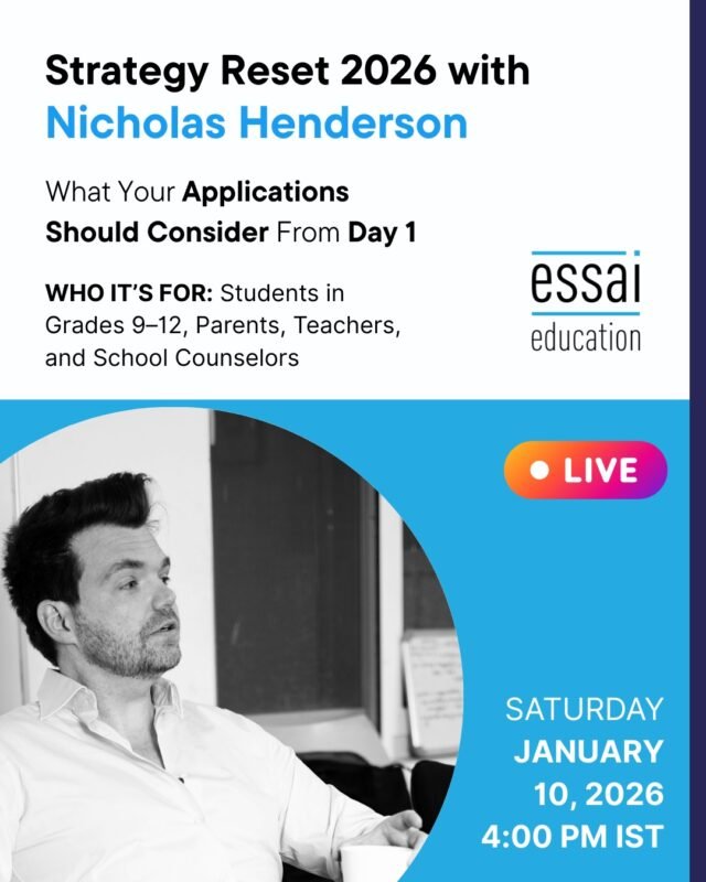 Strategy Reset 2026 breaks down how admissions expectations are shifting and what families should plan early.

In this live session, Nicholas Henderson explains how academic choices, extracurricular direction, and long-term strategy now shape outcomes.

Ideal for students in Grades 9–12, parents, and school counselors who want a clear roadmap.

Live Online: https://www.instagram.com/essaieducation/
Saturday, 10 January 2026
4:00 PM IST

Plan early. Reduce uncertainty. Build confidence.

#EssaiEducation #CollegeAdmissions2026 #USCollegePlanning #StudyAbroadGuidance #ParentsGuide