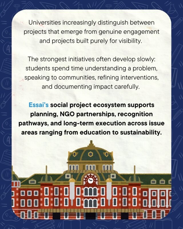 Admissions officers read thousands of applications a year. Because of this, they easily tell the difference between a project born from genuine engagement and one built purely for resume visibility.

The strongest, most impactful community or personal initiatives are almost always slow-cooked. They require you to spend real time deeply understanding a core problem, speaking face-to-face with impacted communities, refining your solutions along the way, and documenting your long-term impact with care.

Impact cannot be rushed.

Essai’s social project ecosystem supports you through every step of this journey, providing planning frameworks, vetted NGO partnerships, recognition pathways, and long-term execution assistance across issue areas ranging from education to climate sustainability.

🔗 Want to launch a social impact project with real substance? Tap the link in our bio.

#SocialImpact #CommunityService #NGO #AuthenticLeadership #SustainabilityProjects #StudentLed #EssaiEcosystem