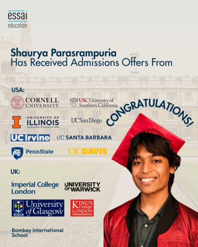 Congratulations to the delightful @shaurya_paras , who was a breeze to work with, whose ambition thrilled everyone on our team!

He left us with the kindest note, too: 

"What I loved most about Essai was their usage of statistical data to give me a framework: a foundation that made me confident in my college choices, creative in my social projects, and passionate as a student researcher. This helped me unearth a personal narrative that brought out the vibrancy of my interconnected interests -- whether artistic, scientific, or social. 

Most importantly, Essai's team helped me simplify a process that felt overwhelmingly complicated, breaking each step down into methodological steps that ultimately helped me flourish over the course of two years."

We're so proud of you Shaurya, and we know you've got nothing but the best ahead of you ❤️

#essaieducation