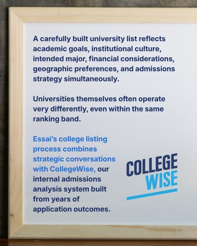 A carefully built university list reflects academic goals, institutional culture, intended major, financial considerations, geographic preferences, and admissions strategy simultaneously. 

Universities themselves often operate very differently even within the same ranking band.

Essai’s college listing process combines strategic conversations with CollegeWise, our internal admissions analysis system built from years of application outcomes.

🔗 Start building your strategic list. Connect with us at the link in our bio.

#CollegeList #CollegeSearch #AdmissionsStrategy #HigherEducation #CollegeWise #ApplicationPrep #EssaiAdvising