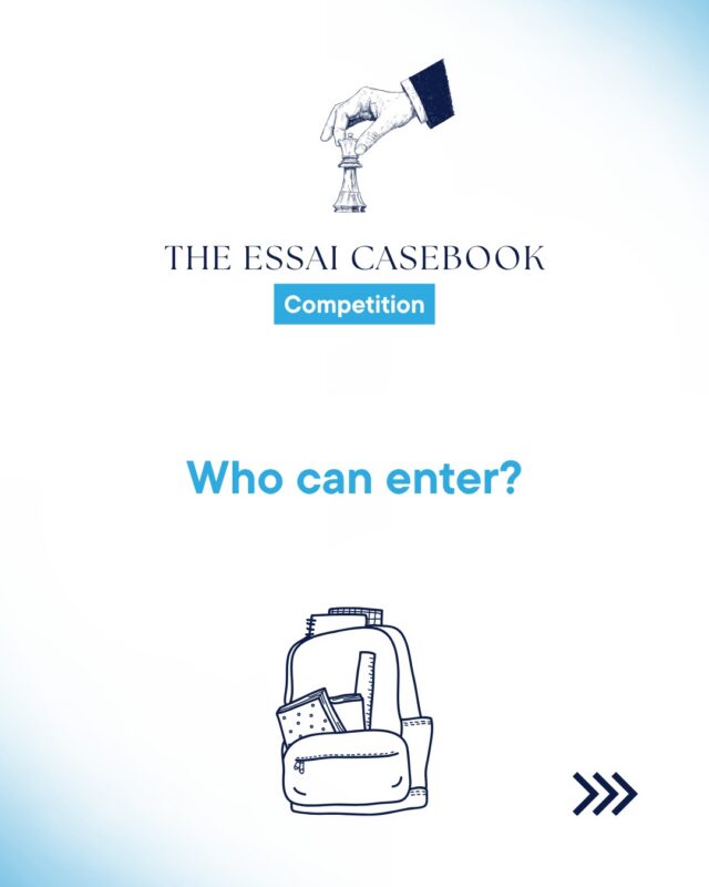 Check that you qualify before you start writing.

Ages 13 to 18. Grades 9 to 12 as of 2026. Open to students anywhere in the world, and homeschooled students are welcome.

Students who graduated in 2025 are not eligible.

One entry per student, and participation costs nothing.

You can enter this alongside other Essai competitions, so it doesn't cost you a shot at anything else.

Deadline 30 September 2026. Link in bio.

#CaseCompetition #EssaiCasebook #StudentCompetition #FreeCompetition #HighSchoolStudents #Grade9to12 #EssaiEducation