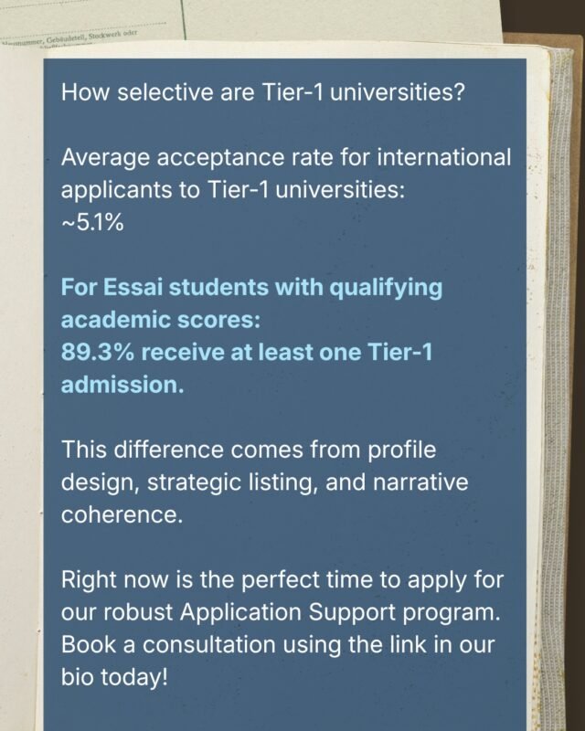 A 5 percent acceptance rate sounds intimidating at first.

But admissions outcomes are not decided by numbers alone.

What often makes the difference is how well your profile is structured and how clearly your story is communicated across your application.

With the right strategy, your chances can look very different from the average.

#IvyLeague #AdmissionsStrategy #StudyAbroad #Essai #CollegeApplications