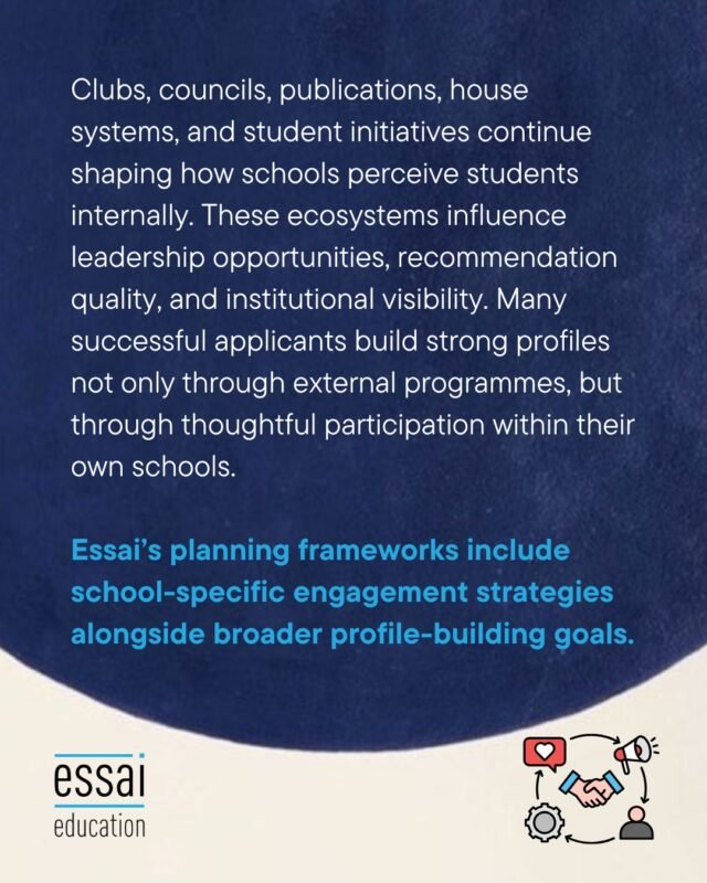 While external summer schools and global competitions are fantastic, you shouldn't overlook the immense power of your own school ecosystem.

Your school’s clubs, student councils, editorial publications, house systems, and student-led initiatives are vital. 

They fundamentally shape how your teachers and counselors perceive your impact internally. 

These spaces are where leadership opportunities are earned, institutional visibility is built, and the quality of your counselor recommendations is forged.

Many of the most successful college applicants build stunning profiles simply by being deeply, thoughtfully active within their local school hallways.

Essai’s strategic planning frameworks ensure you map out internal school-specific engagement alongside your broader external profile goals.

🔗 Learn how to maximize your current school opportunities via the link in our bio.

#HighSchoolLeadership #StudentCouncil #SchoolClubs #LetterOfRecommendation #AdmissionsStrategy #EssaiPlanning