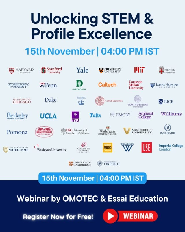 Step into the future of education!

Join OMOTEC and Essai Education for an exclusive webinar on Unlocking STEM & Profile Excellence.

Discover how innovation and technology can shape your academic journey.

🗓 Saturday, 15th November 2025 | 4:00 PM IST
Free Webinar | Register now: essai.in/omotec-webinar

#STEM #Education #Innovation #EssaiEducation #OMOTEC #Webinar