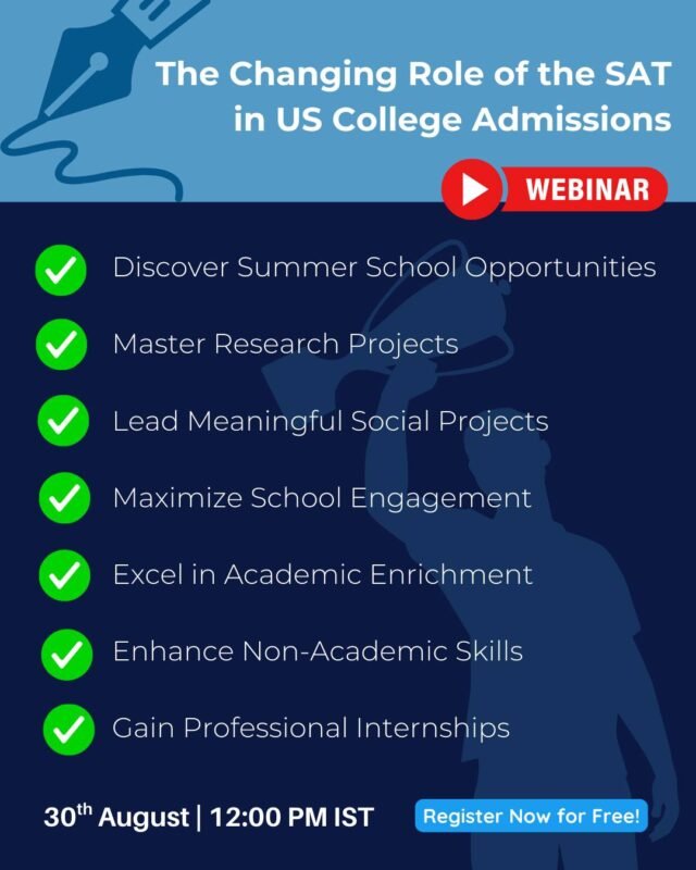 Build a Winning Profile for Top U.S. Colleges!

Join Harvard alum Nicholas Henderson & SAT expert Chirag Arya for an exclusive webinar on how to stand out in admissions.

📌 Learn how to:
✔ Discover Summer School Opportunities
✔ Master Research Projects
✔ Lead Social Impact Initiatives
✔ Maximize School Engagement
✔ Excel in Academic Enrichment
✔ Enhance Non-Academic Skills
✔ Gain Professional Internships

📅 30th August 2025
🕛 12:00 PM IST
💻 Zoom | Free for all participants

🔗 Register Now: https://essai.in/sat-profile-building/

#IvyLeagueAdmissions #EssaiEducation #ProfileBuildingBuild a Winning Profile for Top U.S. Colleges!

Join Harvard alum Nicholas Henderson & SAT expert Chirag Arya for an exclusive webinar on how to stand out in admissions.

📌 Learn how to:
✔ Discover Summer School Opportunities
✔ Master Research Projects
✔ Lead Social Impact Initiatives
✔ Maximize School Engagement
✔ Excel in Academic Enrichment
✔ Enhance Non-Academic Skills
✔ Gain Professional Internships

📅 30th August 2025
🕛 12:00 PM IST
💻 Zoom | Free for all participants

🔗 Register Now: https://essai.in/sat-profile-building/

#IvyLeagueAdmissions #EssaiEducation #ProfileBuilding