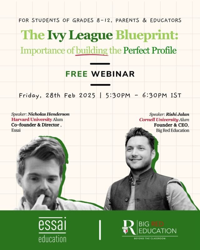 Profile building is more than just achievements on a resume—it’s about crafting a compelling story that sets you apart in college applications, career opportunities, and beyond.
Join this exclusive webinar and take the first step toward building a profile that opens doors to top universities and career opportunities!
Secure your spot now! Link in Bio 🔗

-
[College Admissions, Ivy League, US Universities, College Applications, Education, Admissions, Webinar, WebinarEvent, Essai, Profile Building]