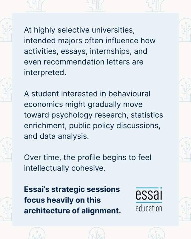 Your intended major does more than just fill a blank on your application. It acts as the lens through which admissions officers evaluate your entire profile.

At competitive universities, your listed major changes how your extracurriculars, essays, internships, and recommendation letters are interpreted. For instance, a student pointing toward behavioral economics should show a natural evolution, shifting from foundational coursework into psychology research, advanced statistics, public policy debates, and deep data analysis.

When your activities speak to one another, your entire profile feels intellectually cohesive, focused, and memorable.

Essai’s strategic sessions focus heavily on this architecture of alignment. Let's make sure your pieces fit the bigger picture.

🔗 Discover how we align your profile through the link in our bio.

#AcademicAlignment #Extracurriculars #HighSchoolResearch #BehavioralEconomics #CollegeApplications #AdmissionsStrategy
