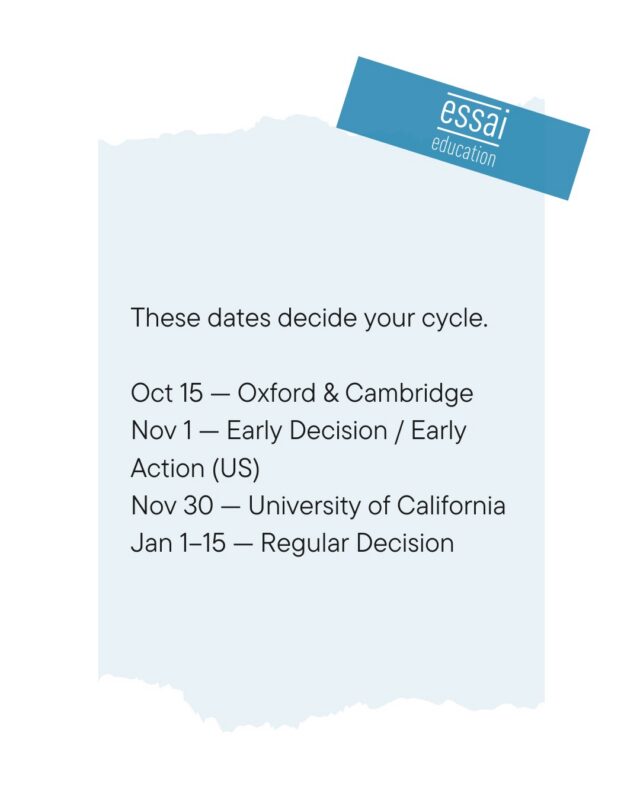 The Oxbridge deadline catches Indian families off guard every single year, on October 15, not January.

If Oxford or Cambridge is on your list, your UCAS personal statement season starts now.

For the US: Early Decision and Early Action close November 1, all University of California campuses close November 30, and Regular Decision runs January 1–15 depending on the school.

One missed date is one permanently closed door, and there are no extensions.

Plan backwards from the dates that matter to you, and if you want someone managing the calendar so you don't have to, that's literally part of our job. Link in bio.

#Deadlines #Oxbridge #UCAS #CollegeAdmissions #EarlyDecision #EssaiEducation