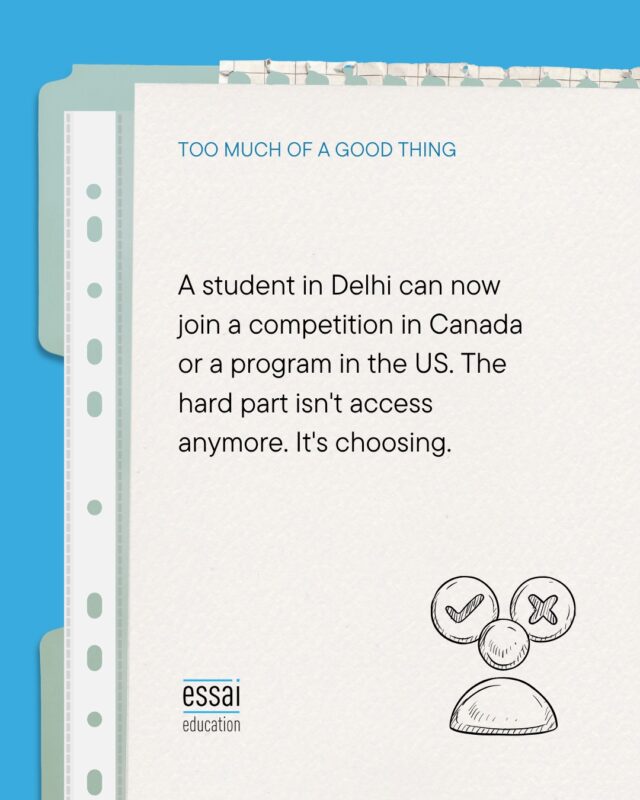 Good news: the entire world of academic opportunities is now open to you. Bad news: it's open to everyone else too, and most of it is noise.

A student in Delhi can enter a competition based in Canada, finish a program built in the US, or join an academic community centred in Europe or Singapore. Enrichment stopped being local a long time ago, and that's genuinely exciting.

But here's what nobody mentions: when everything is available, choosing badly becomes the real risk. A pile of random international certificates doesn't build a profile. The right three, chosen for your direction, can change everything.

Our planning systems draw on databases of competitions, exams, programs, and enrichment across subjects and regions, so you spend your energy on the few that fit, not the hundred that don't.

🔗 Link in bio to find the opportunities that fit you.

#GlobalEducation #AcademicEnrichment #Olympiads #EssayCompetitions #CollegeAdmissions #ProfileBuilding #IvyLeague #StudyAbroad #PIPPAMS #EssaiPlanning #EssaiMentorship #DreamUniversity